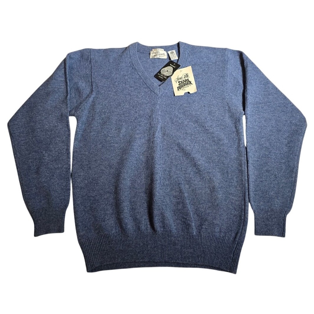 Sears Roebuck Mens Blue 100% Lambswool V-Neck Sweater Vintage NWT Medium 5282383
